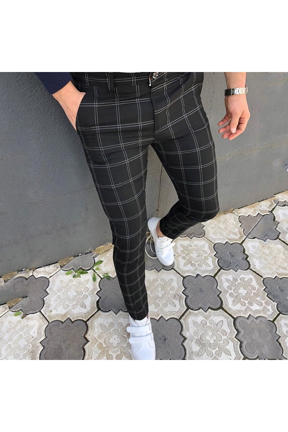 Men Pants under $10 Checkered Pants Men Dress Pants,Casual Plaid Flat-Front Skinny Business Pencil Long Pants Pocket