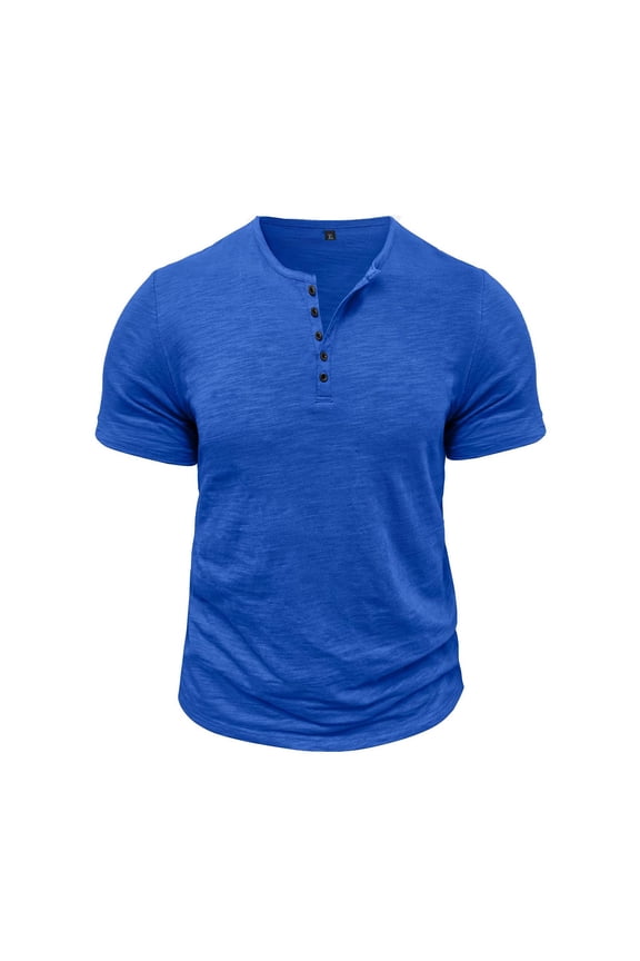 Men T Shirts Slub Cotton Round-Neck Button-Down Short-Sleeve T-Shirt/Top Blue S