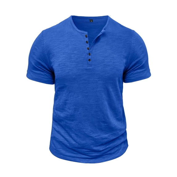 Homenesgenics Men T Shirts Slub Cotton Round-Neck Button-Down Short-Sleeve T-Shirt/Top Blue XXXL