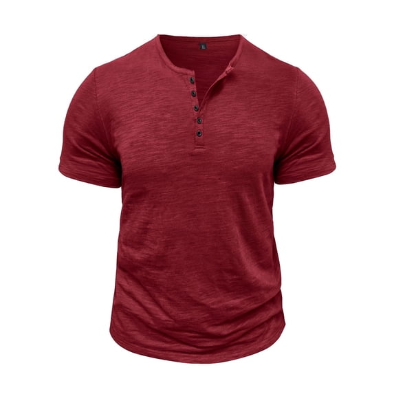 Homenesgenics Men T Shirts Slub Cotton Round-Neck Button-Down Short-Sleeve T-Shirt/Top Red L