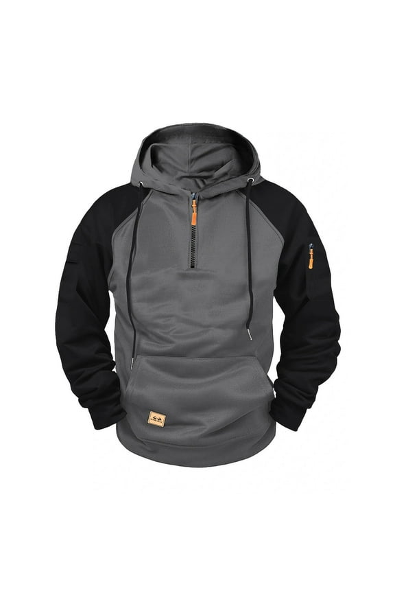Men's Hoodie Pullover With Zipper Fashionable Color Blocking Personalized Casual Arm Pocket Top Men's Hoodie Black. and Friday Gray XL