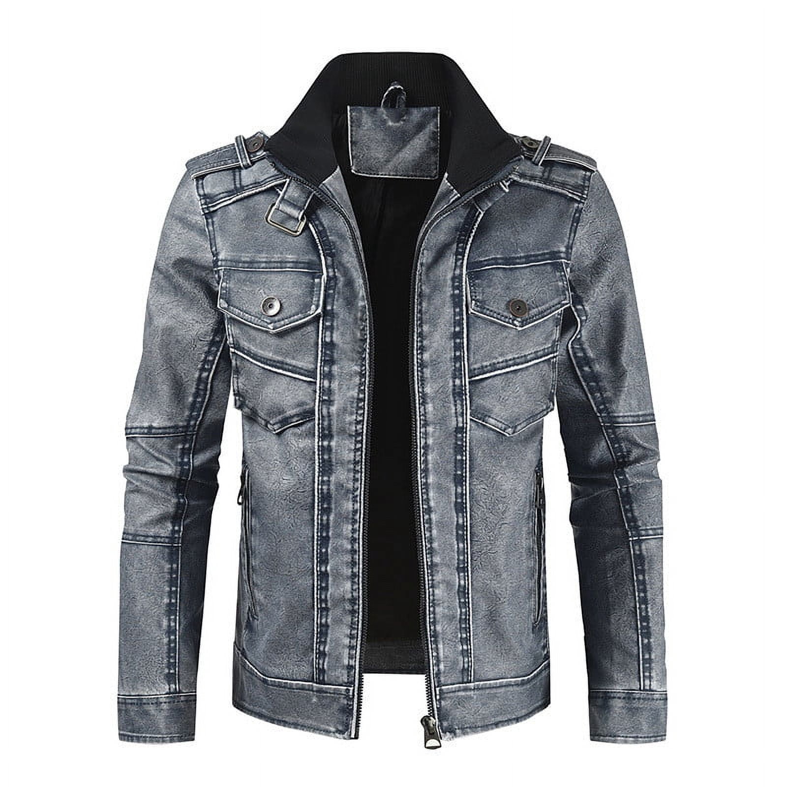Homenesgenics Men's Leather Jacket Coats Men's Fashion Casual Thick Leather Coat Long Sleeve Stand Collar Zipper Pocket Leather Coat Warm Windproof Coat Clearance