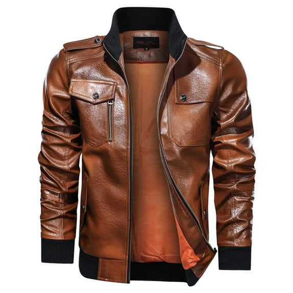 Homenesgenics Men's Leather Jacket Coats Men's Fashion Jacket Pure Color Zipper Stand Collar Imitation Leather Coat Tops