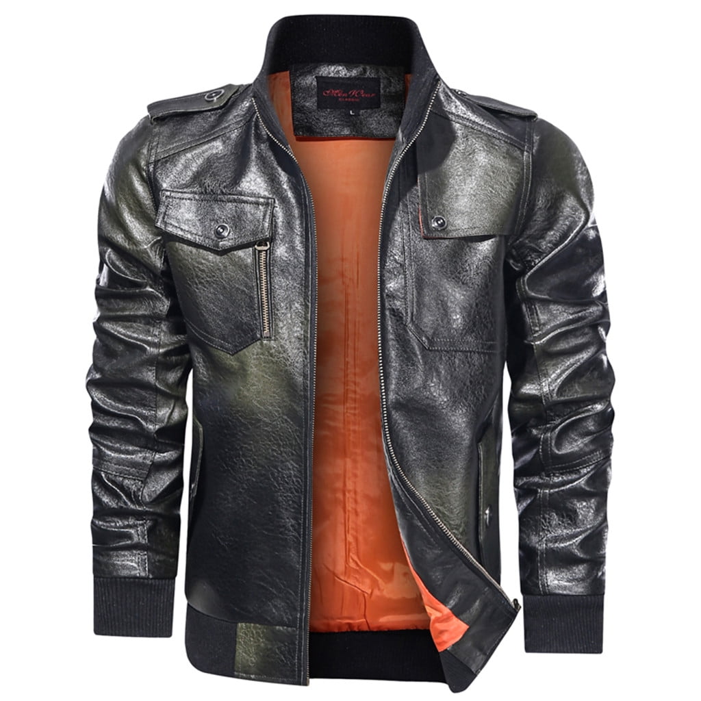 Homenesgenics Men's Leather Jacket Coats Men's Fashion Jacket Pure Color Zipper Stand Collar Imitation Leather Coat Tops