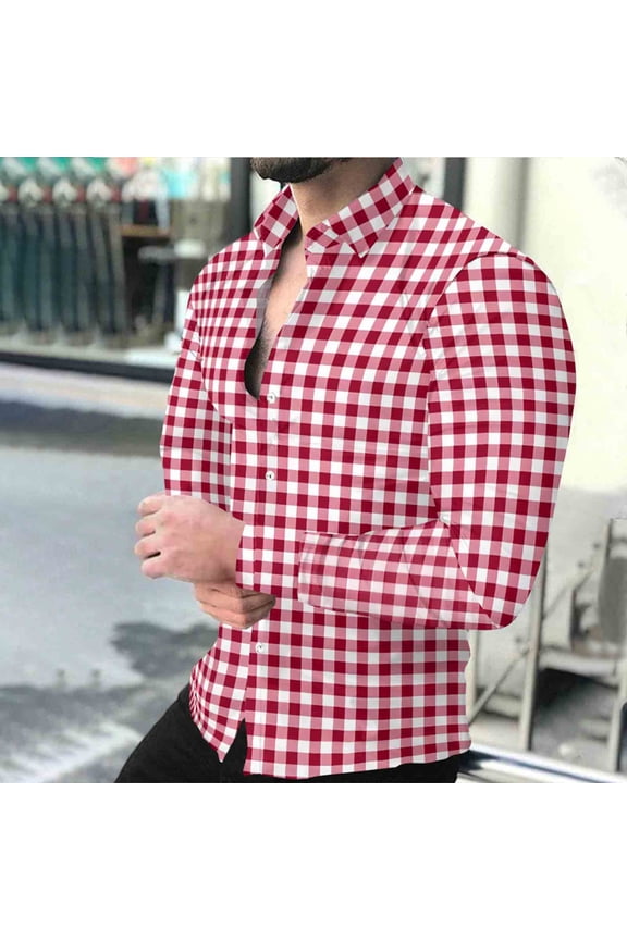Men's Shirt Business Casual Long-Sleeve Collared Button-Up Tops with Two Chest Pockets Checkered Print Shirt Red M