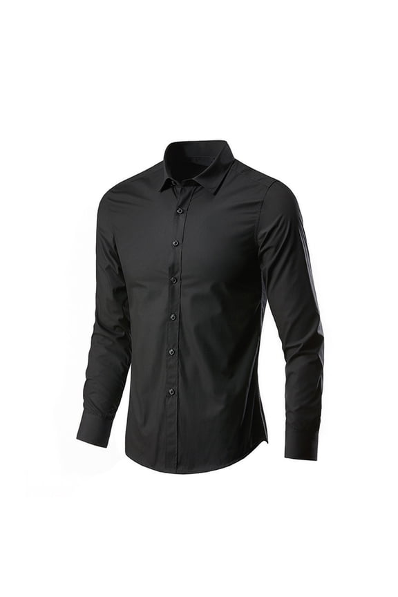 Men's Shirt Plain Weave Solid-Color Long-Sleeve Collared Button-Up Business Tops Black M