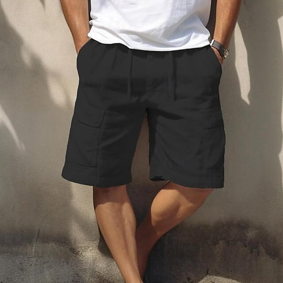 Homenesgenics Men's Shorts Cargo Solid Color Elastic Waist with Pockets Cropped Pants Black M