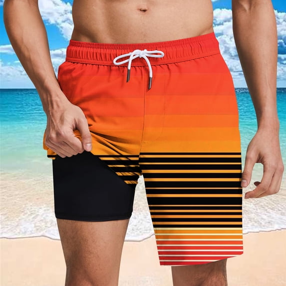 Homenesgenics Men's Shorts Casual Fashion Striped Pocket Elastic Waist Drawstring Lined Shorts Beach Pants Orange S