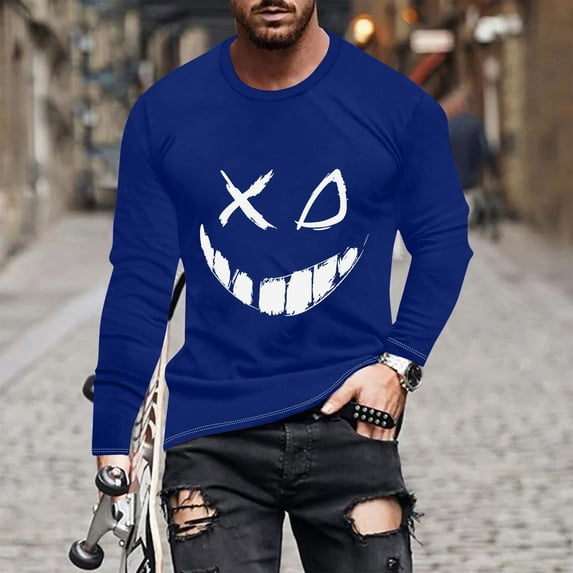 Homenesgenics Mens Graphic T Shirts under $ 10.00 Mens Shirts 100% Cotton New Trendy Graphic Top Long Sleeve Round Neck Smiling Face Graphic Top/shirt Blue XXXXXL