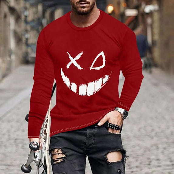 Homenesgenics Mens Graphic T Shirts under $ 10.00 Mens Shirts 100% Cotton New Trendy Graphic Top Long Sleeve Round Neck Smiling Face Graphic Top/shirt Red S