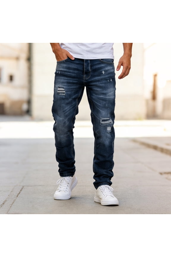 Mens Jeans Regular Fit Button-and-Zip Ripped with Pockets - Outdoor Long Trousers Denim Pants Blue S