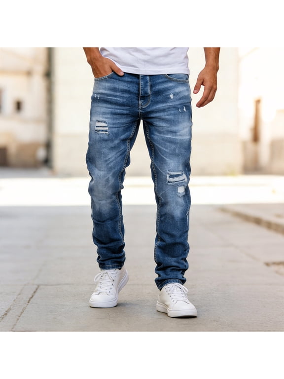 Mens Jeans Regular Fit Button-and-Zip Ripped with Pockets - Outdoor Long Trousers Denim Pants Blue S