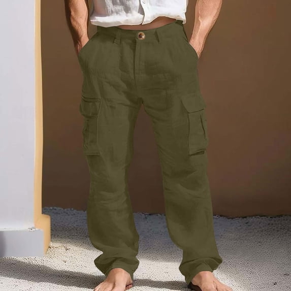 Homenesgenics Mens Pants Solid-Color Mid-Length Linen-Style Casual Pants with Pockets and Button Design Loose-Fit and Breathable Green M