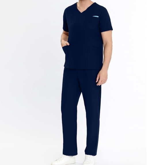Homenesgenics Mens Scrubs Sets,Nursing Uniform for Men,Caregiver Uniform/Carer Uniform,Solid-color V-neck Short-Sleeve Pocket Top+Breathable Loose-Fit Elastic Waist Pants Blue XL