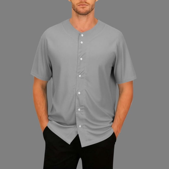 Homenesgenics Mens Shirts 3xl Men's Shirts Fashion Solid Color V-Neck Button-Down Short Sleeve Oversized Breathable Sports Casual Tops Gray XXXL