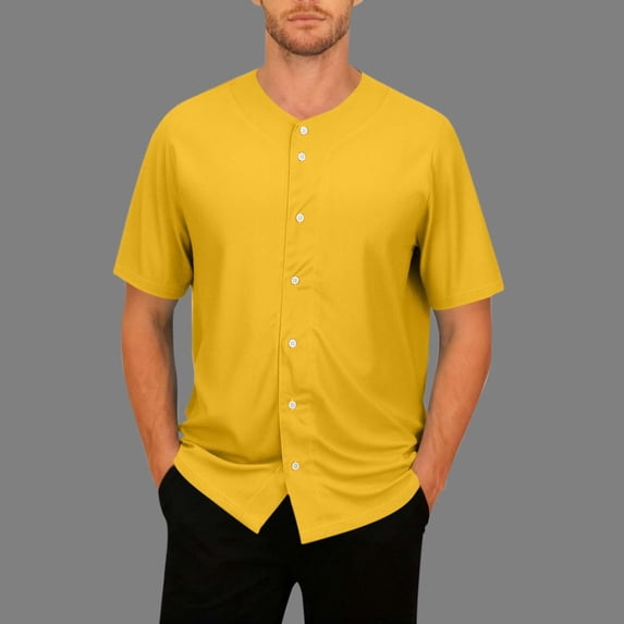 Homenesgenics Mens Shirts 3xl Men's Shirts Fashion Solid Color V-Neck Button-Down Short Sleeve Oversized Breathable Sports Casual Tops Yellow XXXXL