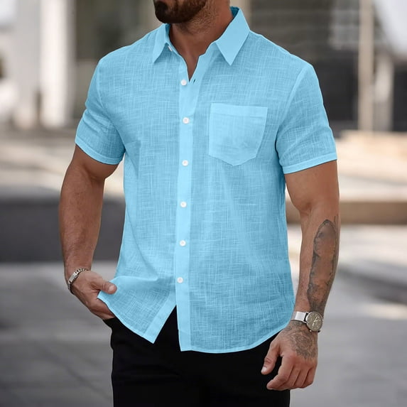 Homenesgenics Mens Shirts 3xl Tops for Men Cotton-Linen V-Neck Short-Sleeve Shirt Blue M