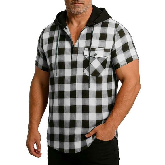 Homenesgenics Mens Shirts 3xl Tops for Men Short-Sleeve Hooded Button-Up Half-Zip Checkered Pullover Shirt with Pockets Black M