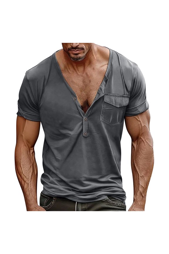 Mens Shirts Men Tops T Shirts for Man Fashion Men Casual Button Solid Color Short Sleeve-Neck Blouses Shirts Gray L