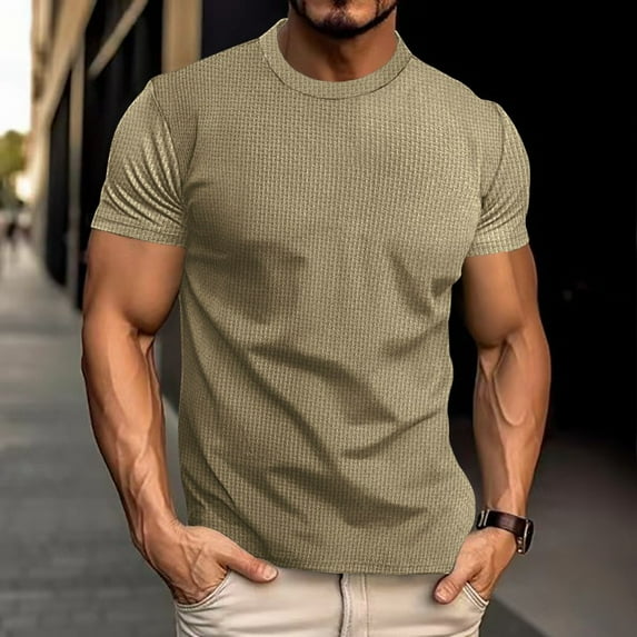 Homenesgenics Mens Shirts Men Tops T Shirts for Man Man Solid-Color Casual Elastic Sports Short Sleeve Round-Neck Top Brown XXL