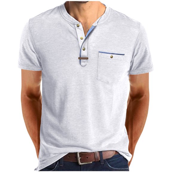 Homenesgenics Mens Shirts Men Tops T Shirts for Man Men's Fashion Casual Block Color Pocket Short Sleeve Round Neck Collar Blouse White S