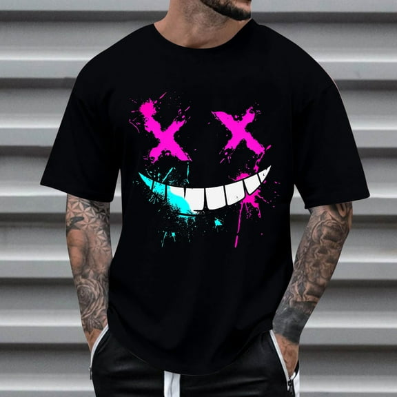 Homenesgenics Mens Shirts Men Tops T Shirts for Man Summer Fashion Casual Men's Round Neck Printed T-Shirt Top Black S