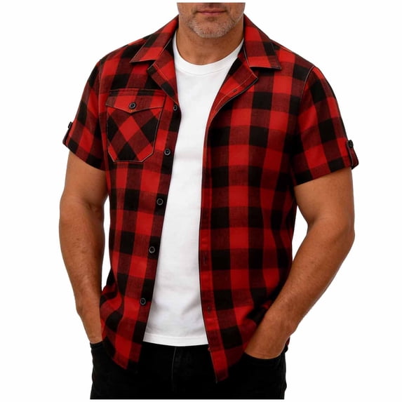 Homenesgenics Mens T Shirts Short-Sleeve Collared Button-Down Checkered Shirt/Top Red M