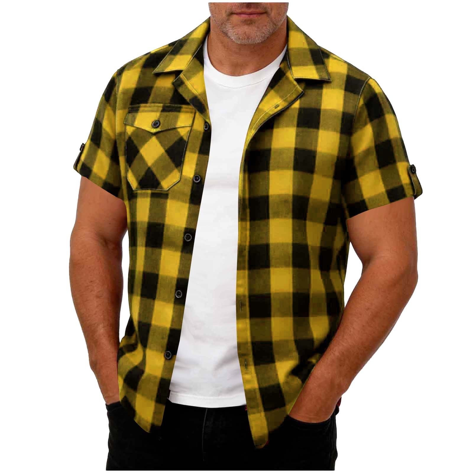 Homenesgenics Mens T Shirts Short-Sleeve Collared Button-Down Checkered Shirt/Top Yellow XXXL