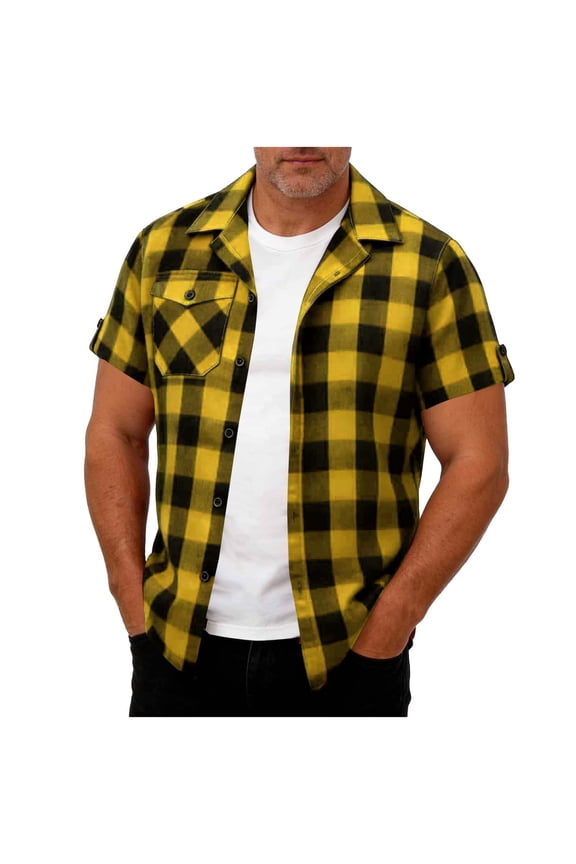 Mens T Shirts Short-Sleeve Collared Button-Down Checkered Shirt/Top Yellow XXXL