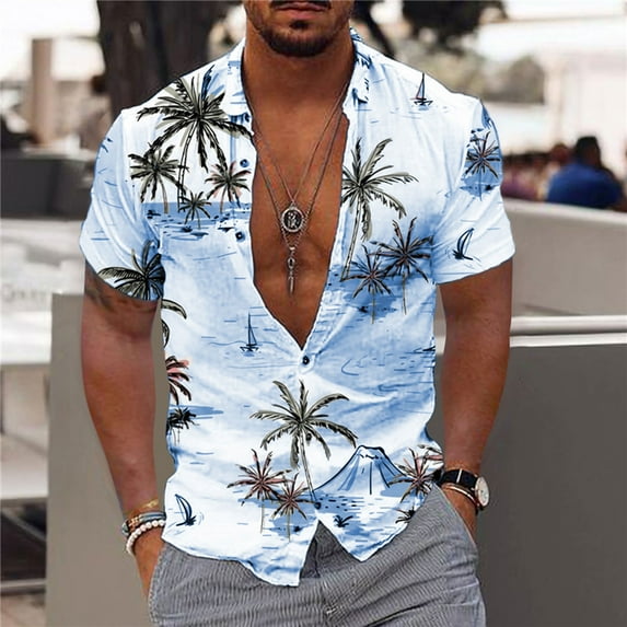 Homenesgenics Mens T-Shirts V Neck Men Fashion Casual Buttons Hawaii Printing Turndown Short Sleeve Shirt Blouse Men Clothes