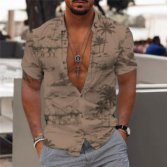 Homenesgenics Mens T-Shirts V Neck Men Fashion Casual Buttons Hawaii Printing Turndown Short Sleeve Shirt Blouse Men Clothes