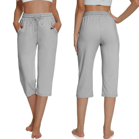 Homenesgenics Mid Waisted Women's Plus Stretch Cotton Blend Capri Leggings Solid Elastic Waist Pocket Cropped Pants Casual Stretchy Yoga Pants for Spring Summer Gray L