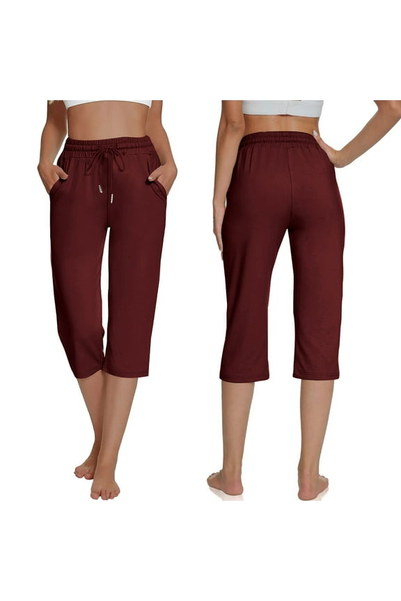 Mid Waisted Women's Plus Stretch Cotton Blend Capri Leggings Solid Elastic Waist Pocket Cropped Pants Casual Stretchy Yoga Pants for Spring Summer Red S