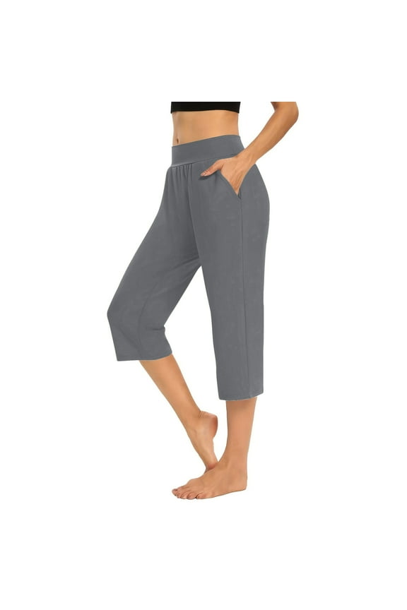 Mid Waisted Women's Plus Stretch Cotton Blend Capri Leggings Solid Elastic Waist Pocket Cropped Pants Casual Stretchy Yoga Pants for Spring Summer Gray S