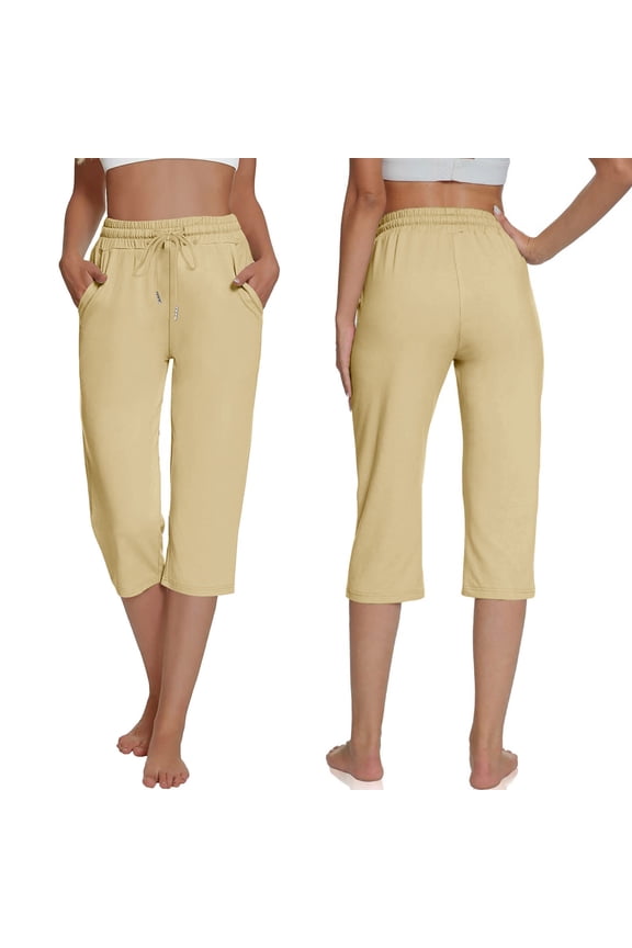 Mid Waisted Women's Plus Stretch Cotton Blend Capri Leggings Solid Elastic Waist Pocket Cropped Pants Casual Stretchy Yoga Pants for Spring Summer Beige S