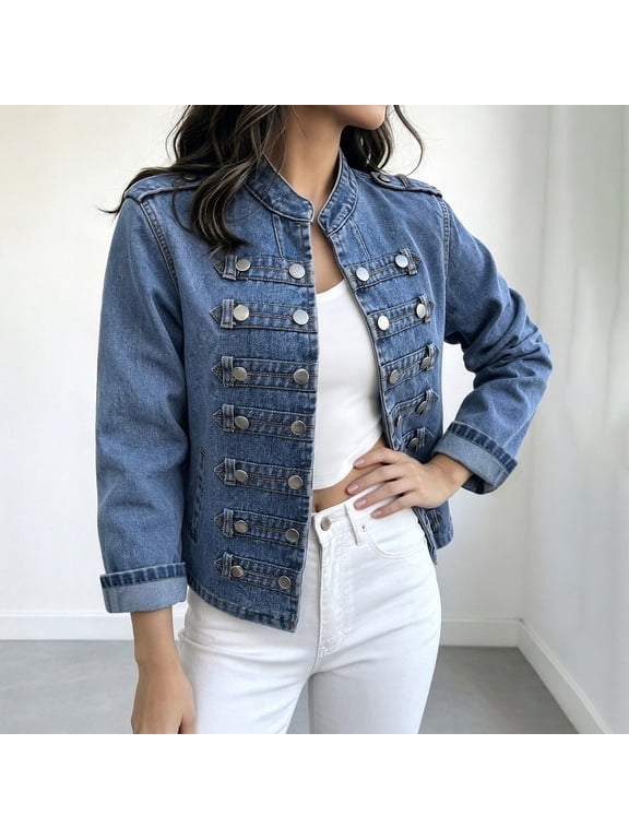 Military-Style Denim Jacket Stand-Up Collar Double-Breasted Epaulets Cropped Casual Jean Tops Blue M
