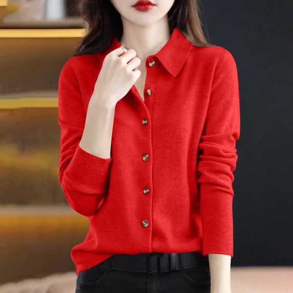 Homenesgenics Multiple Colors Available Sweater for Women Button-Up Collared Long-Sleeve Casual 2026 Pullover Red M