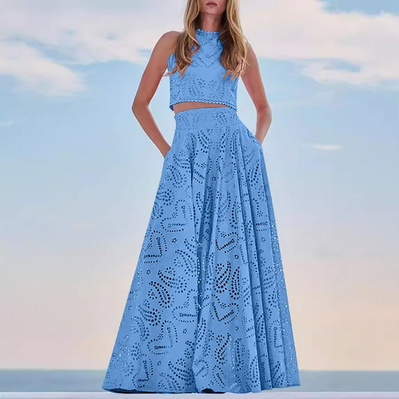 Homenesgenics Outfit Sets Women Skirt Women's Spring and Summer Casua Round Neck Vest Shirt Medium Length Breasted Dress Two Piece Set Blue L