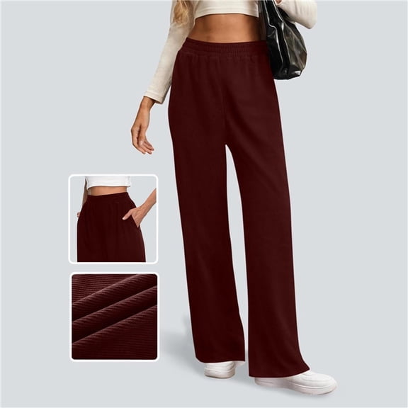 Homenesgenics Pants for Women Plus Size Women's Solid Color Fashionable Elastic Waist Corduroy Sports Casual Loose Wide-Leg Trousers with Pockets Red S