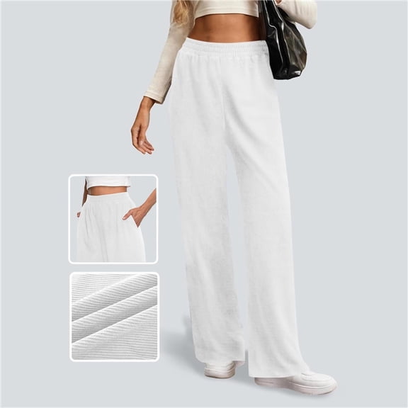 Homenesgenics Pants for Women Plus Size Women's Solid Color Fashionable Elastic Waist Corduroy Sports Casual Loose Wide-Leg Trousers with Pockets White L