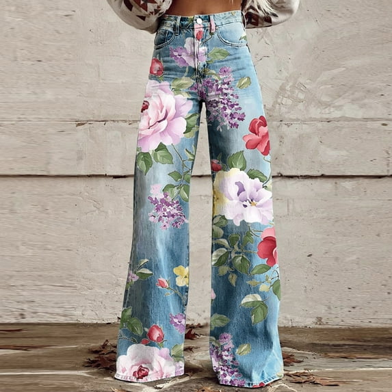 Homenesgenics Pants for Women Womens Elastic Waist Stretch Buttons Printing Thin Stretch Skinny Pants Trousers