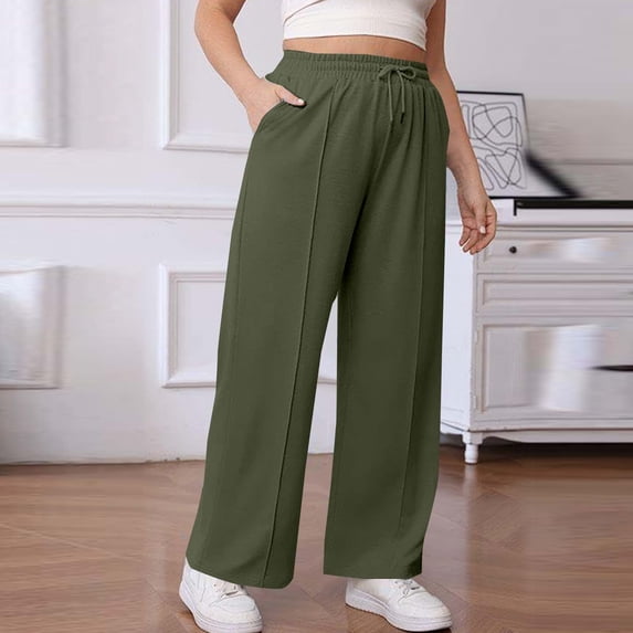 Homenesgenics Pants for Women Plus Size Women's Plus Size Casual Drawstring Solid Color Athletic Pocket Sweatpants Trousers Pants Green XL