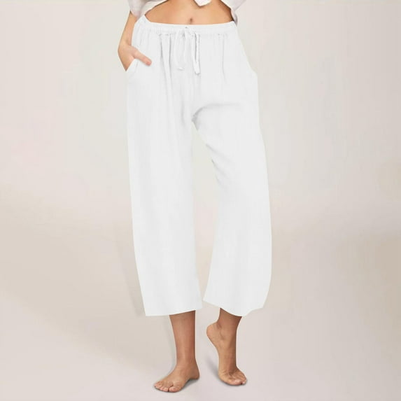 Homenesgenics Pants for Women Plus Size Women's Solid Color Cotton-Linen Blend Drawstring Loose Casual Wide-Leg Cropped Pants White XXXL