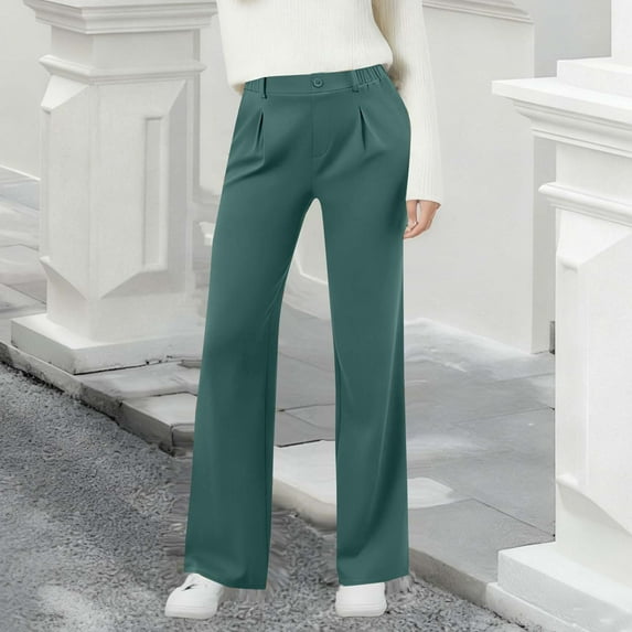 Homenesgenics Pants for Women Plus Size Women's Solid Color Pocket Stretch Waist Pleated Pocket Pants Trousers Green L