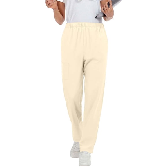 Homenesgenics Pants for Women Plus Size Women's Solid Color Straight Leg Work Pants with Elastic Waist and Pockets Nursing Pants Scrubs Beige M