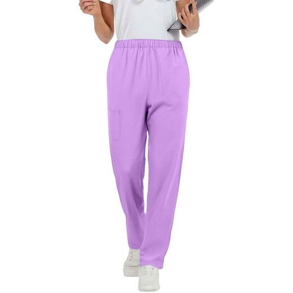 Homenesgenics Pants for Women Plus Size Women's Solid Color Straight Leg Work Pants with Elastic Waist and Pockets Nursing Pants Scrubs Purple S
