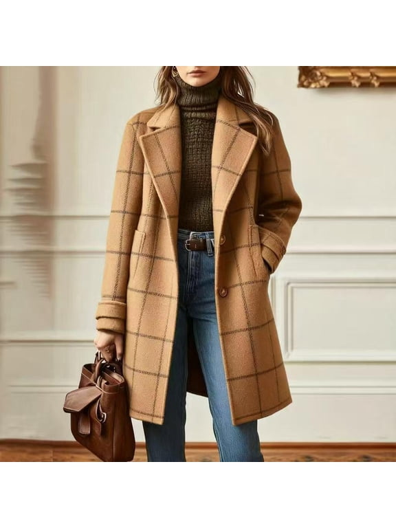 Pea Coat for Women Outerwear Fall/ Checkered Winter Long-Sleeve Collared Coat Mid Long Length Brown XL