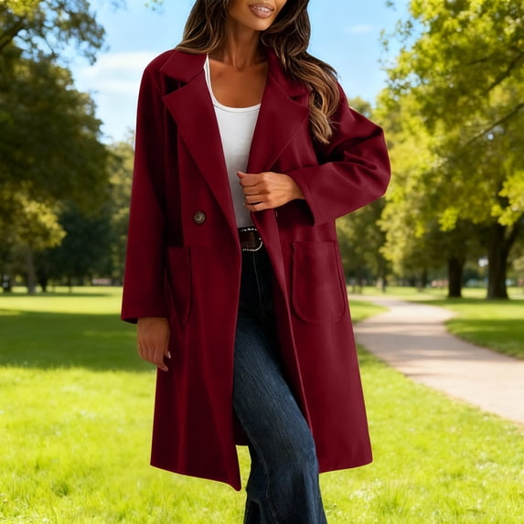 Homenesgenics Pea Coat for Women Outerwear Warm Lapel Cardigan-Style Winter Dress Coat Mid Long Length Red XL