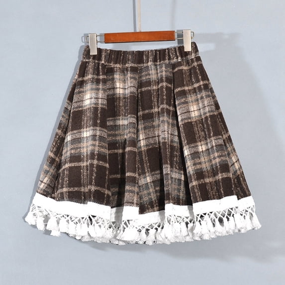 Homenesgenics Plaid Skirt for Women Plus Size Women's Plaid Skirt,Women's Tartan A-Line Skirt, Winter Flannel Skirt,Plaid Lace Skirt Women,Christmas Skirt Brown Free Size