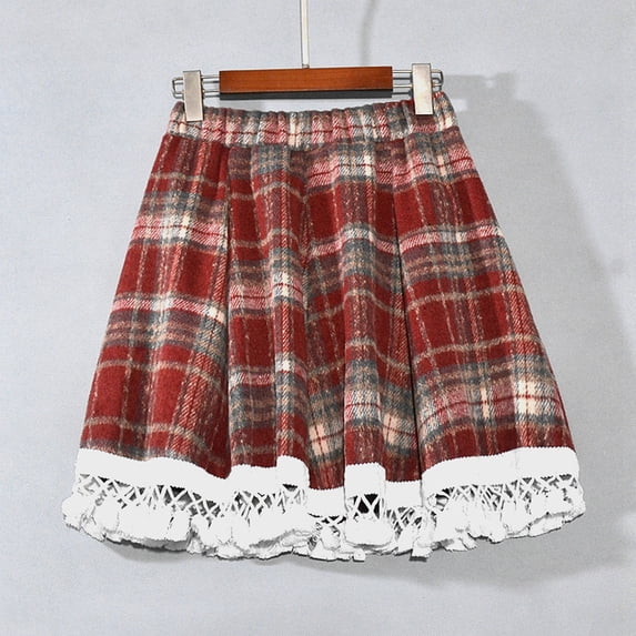 Homenesgenics Plaid Skirt for Women Plus Size Women's Plaid Skirt,Women's Tartan A-Line Skirt, Winter Flannel Skirt,Plaid Lace Skirt Women,Christmas Skirt Red Free Size